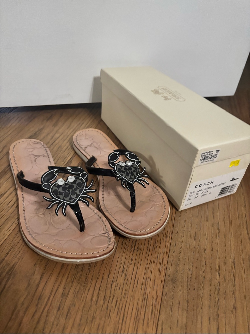 Coach Black Patent Leather Crab Thong Sandals with Blush Insole